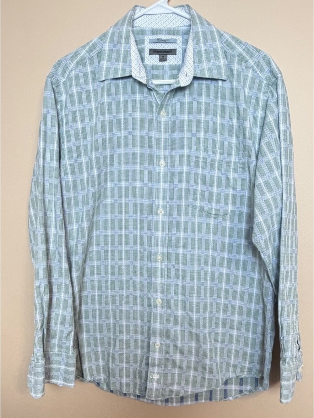 Johnston & Murphy Men's Medium Tailored Fit Button-Up Dress Shirt Green Plaid  ️